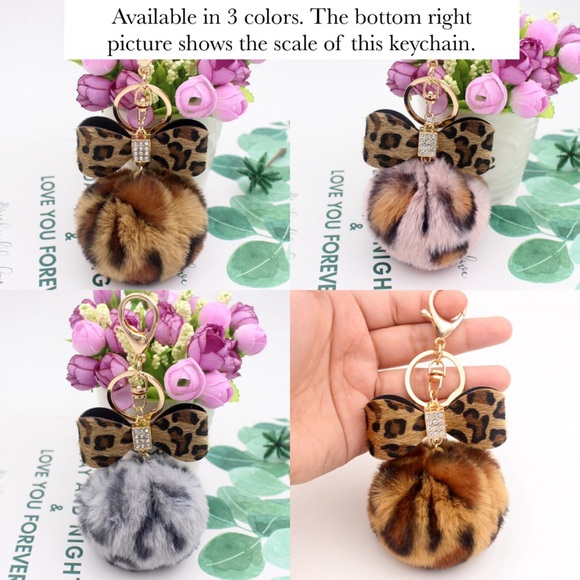 Fluffy Leopard Pom Pom Crystal Bow Gold Keychain - Picture 4 of 6
